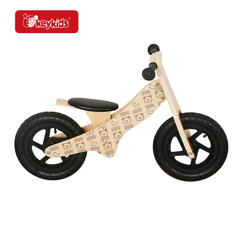 Wooden Kids Balance Bike Bear Moon Printed Frame Soft Seat No-Pedal Toddler Walking Training Bicycle for 2-6 Years Old W16C371